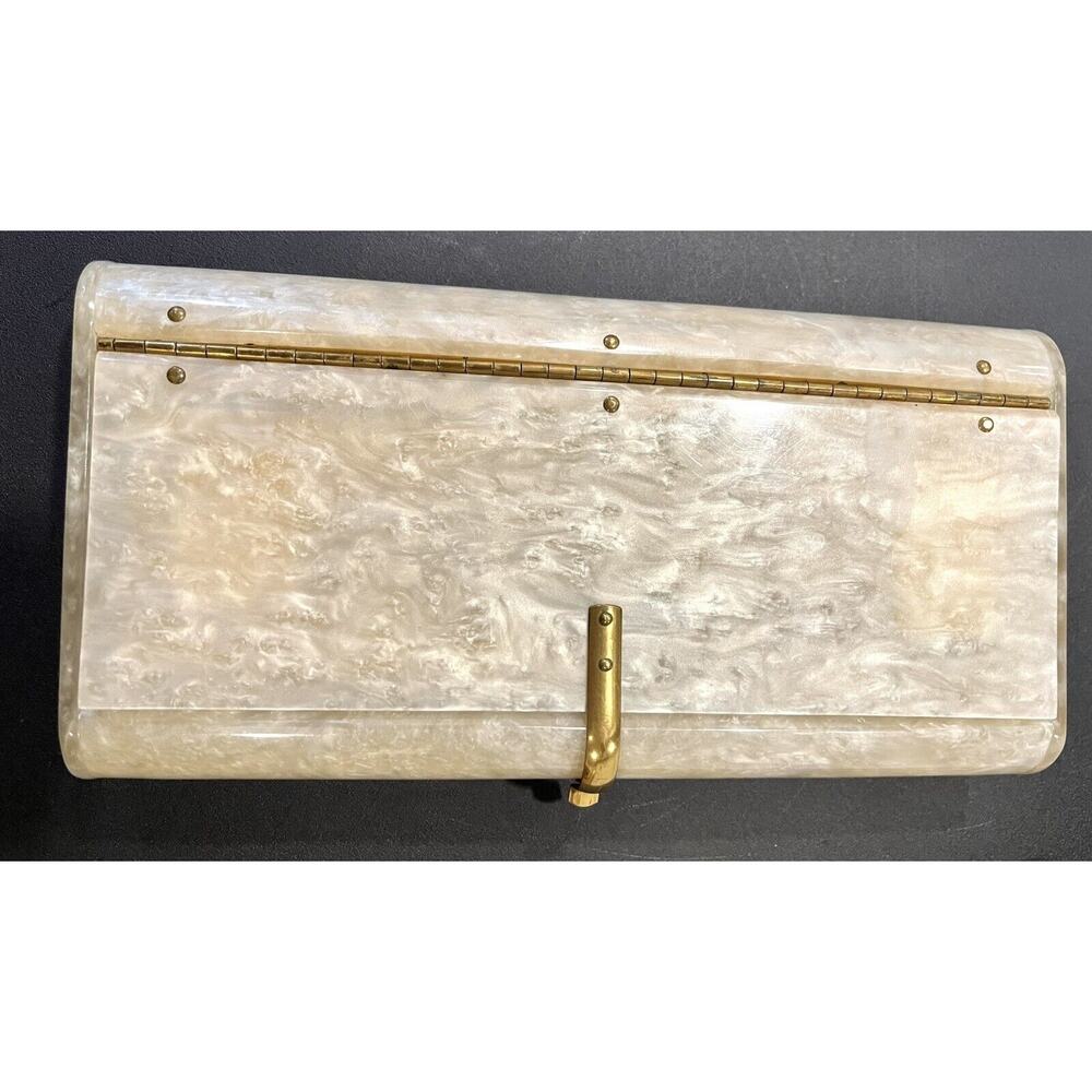 1950s WILARDY VINTAGE MOTHER OF PEARL LUCITE SNAP CLUTCH MCM